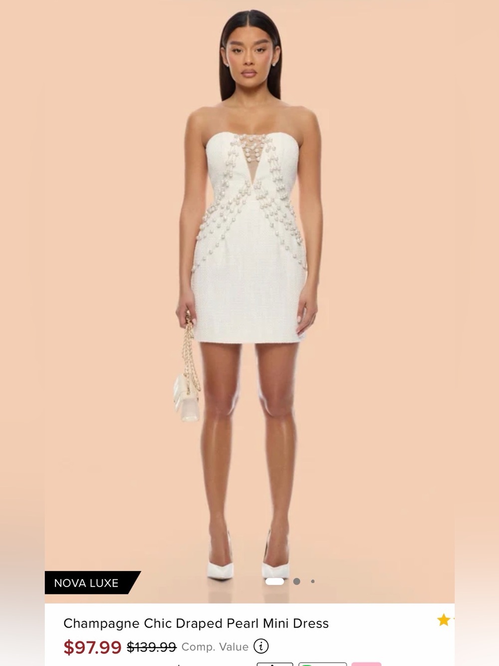 Fashion Noca Champagne Pearl Strapless Draped Mini Dress